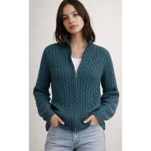 LL Bean Teal Cable Knit Full Zip Mock Neck Sweater Women's Medium